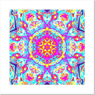 Psychedelic Mandala Flower Blue Pink and Yellow Posters and Art